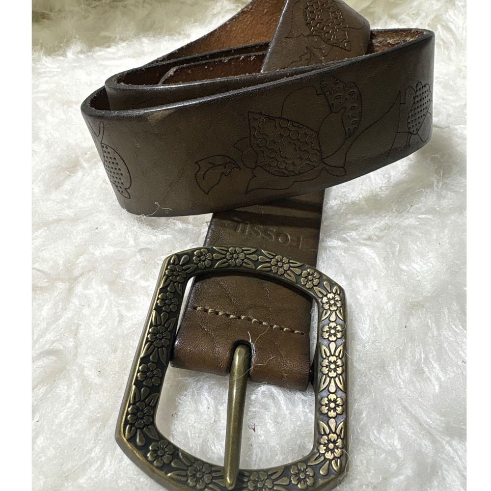 Fossil Belt Womens Small BT3849 Brown Floral Embossed Leather Brass Buckle Boho